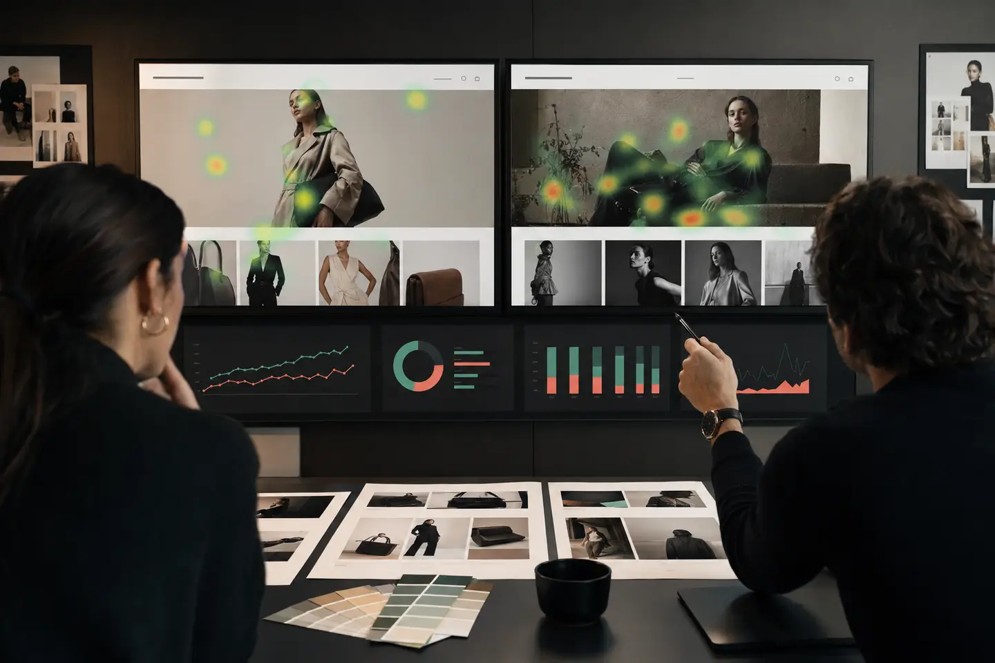 Marketing team comparing ecommerce homepage banners with visual engagement and campaign performance data