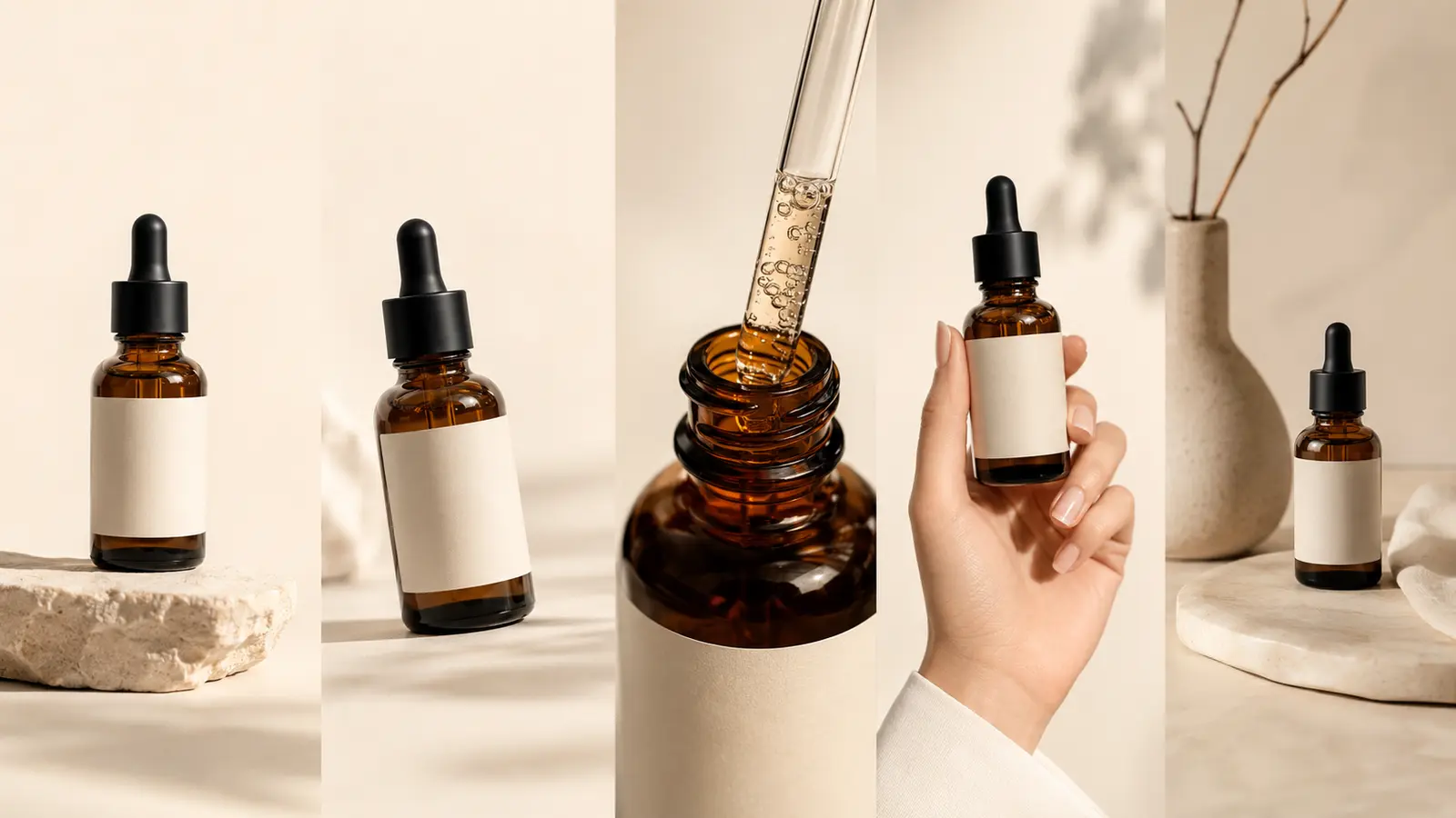Ecommerce product image order shown through clean, detail, scale and lifestyle views of a serum bottle