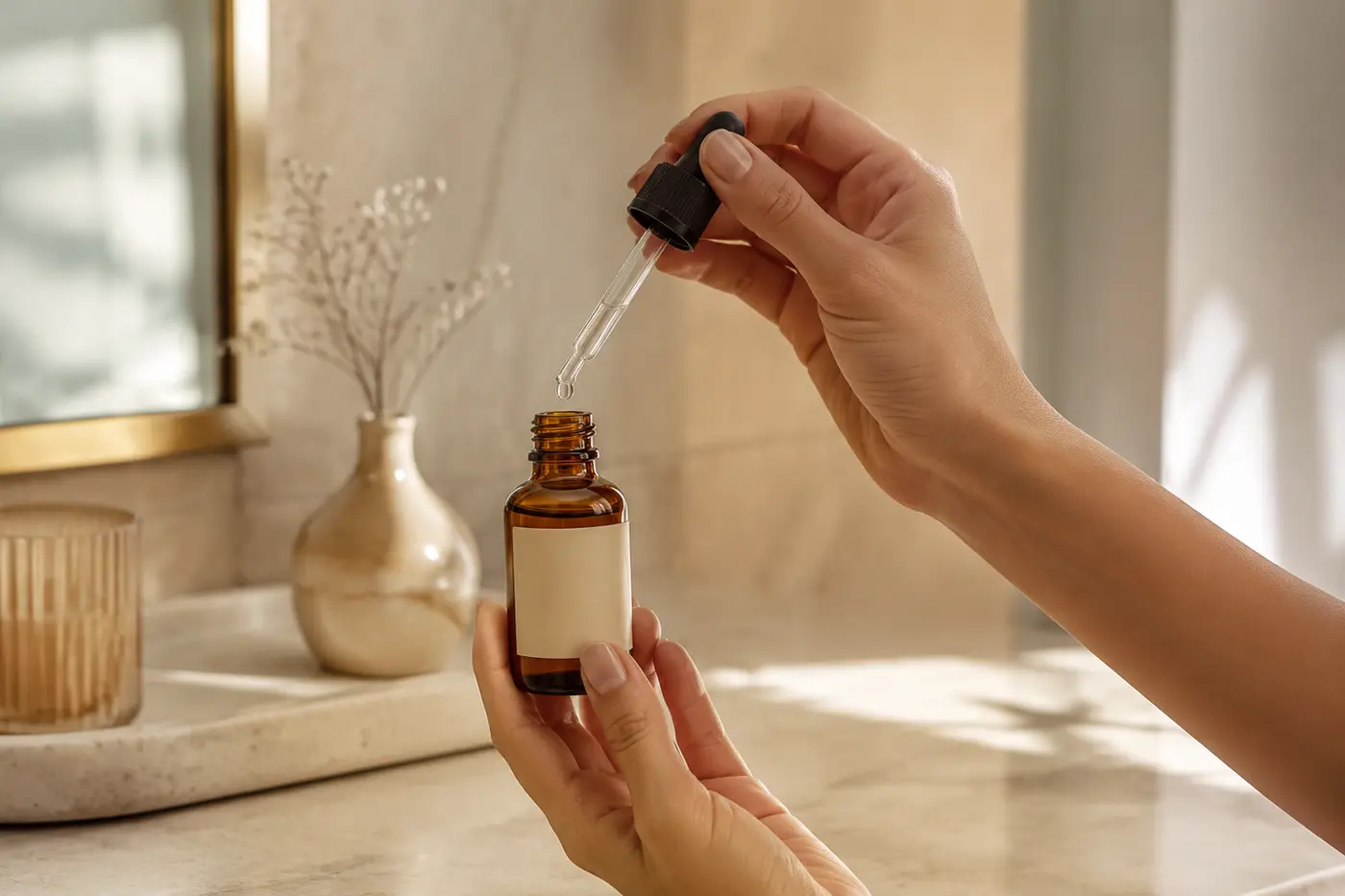 Ecommerce Product Image Order: The Best Sequence for Product Photos - Phil Halfmann Scale and application image within an ecommerce product image order showing a serum bottle used by hand