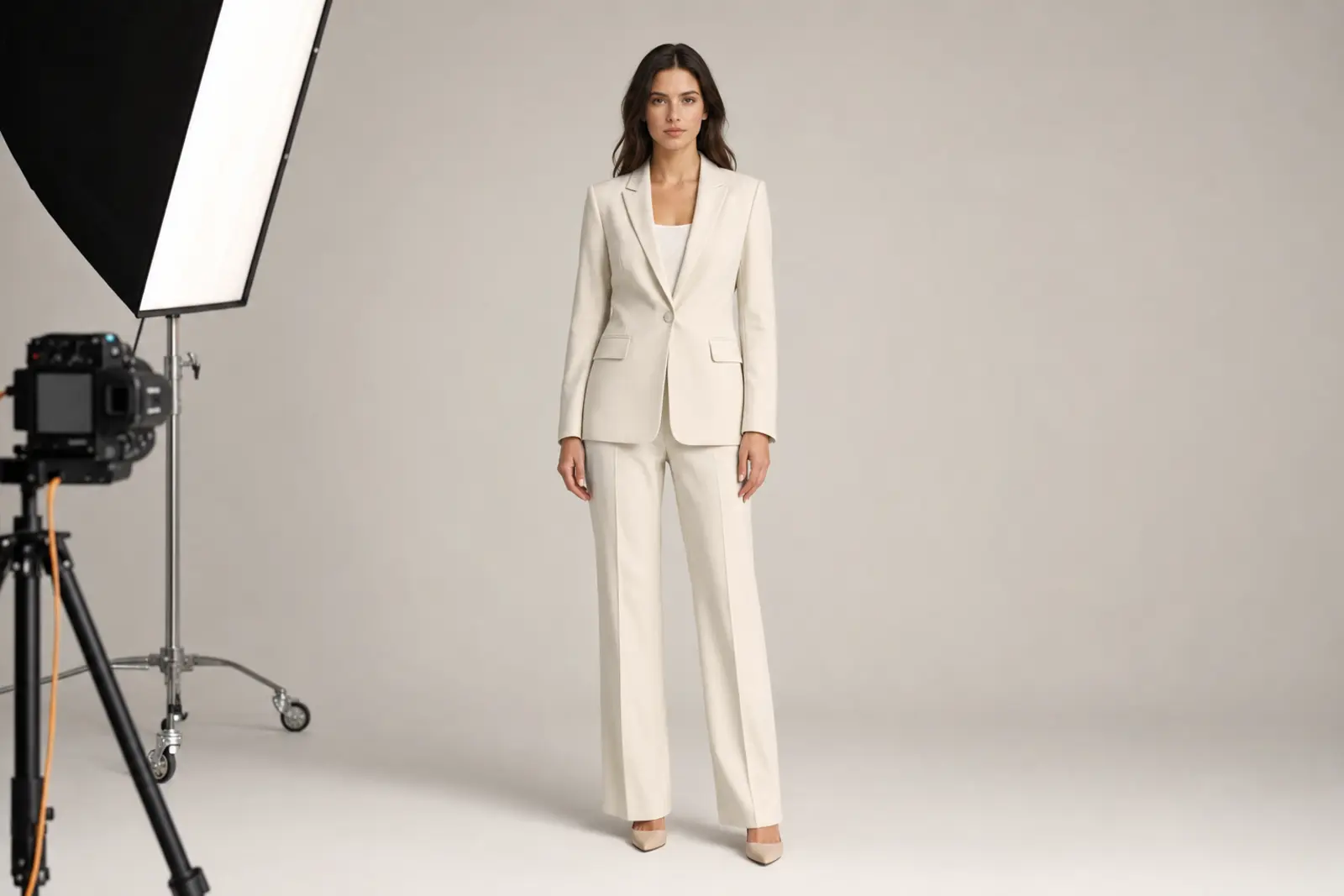 Lookbook vs Ecommerce Photography: The Smart Choice - Phil Halfmann Ecommerce product photography showing a model in a clear full-length studio pose for accurate fit and silhouette assessment