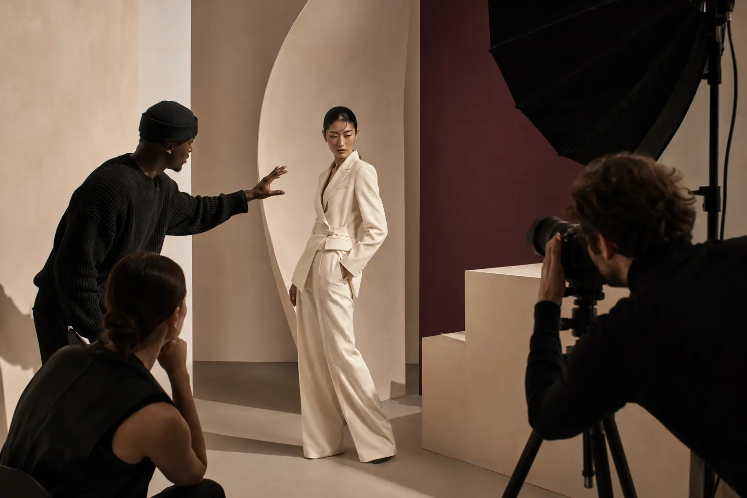 Fashion Campaign Creative Direction Services - Phil Halfmann Fashion art direction on set aligning model pose lighting and campaign photography