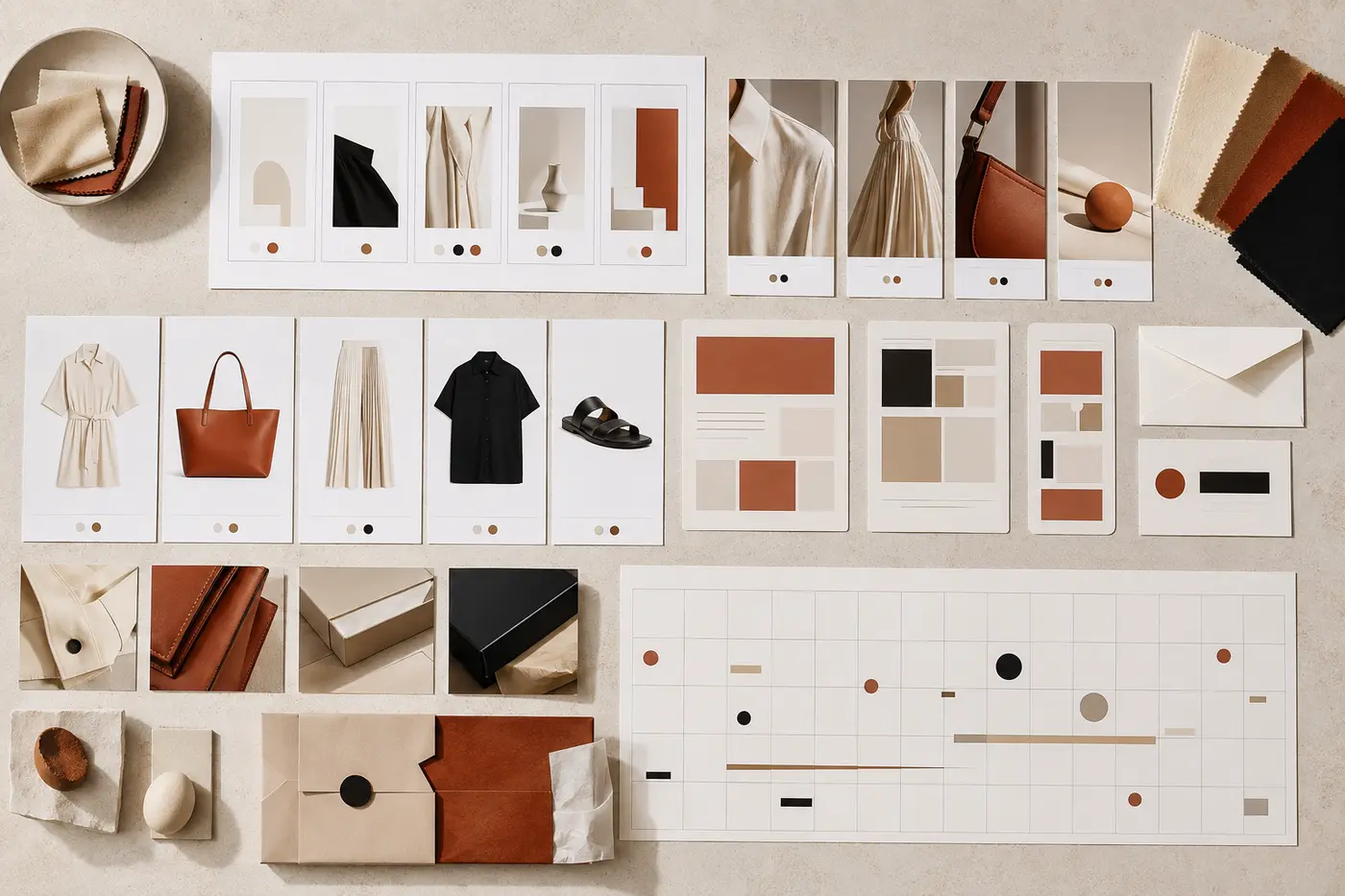 Fashion brand launch content asset map with ecommerce images, campaign visuals, email and social media formats