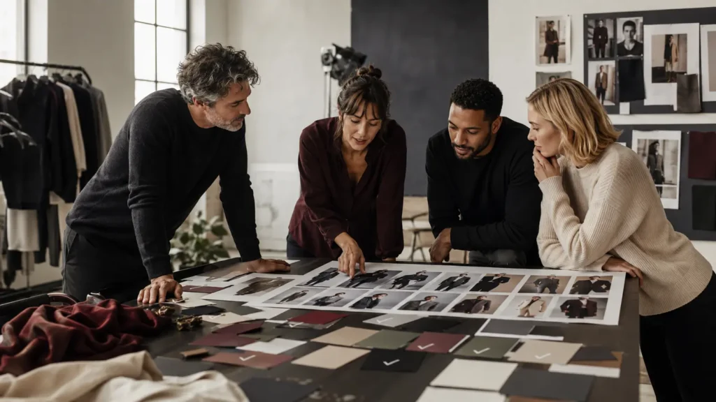 Fashion Campaign Approval Workflow: From Concept Sign-Off to Final Assets - Phil Halfmann Fashion campaign approval workflow meeting with a creative team reviewing campaign concepts and image selections