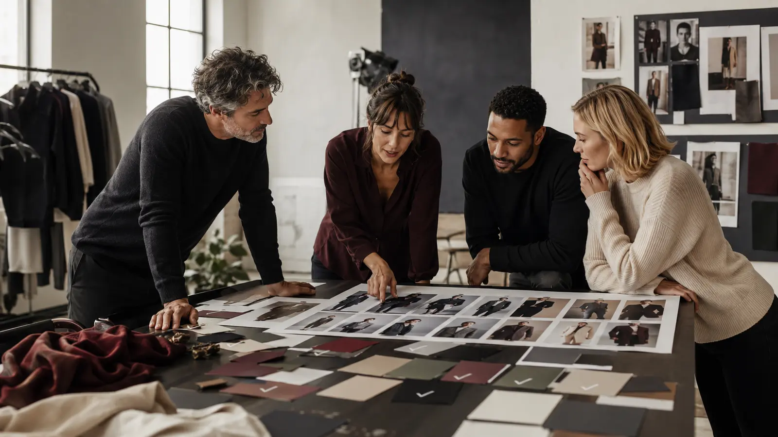 Fashion campaign approval workflow meeting with a creative team reviewing campaign concepts and image selections