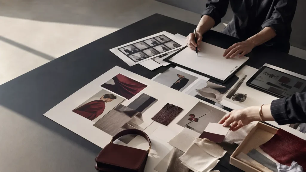 Fashion Campaign Brief Example: A Complete Guide and Template - Phil Halfmann Fashion campaign brief example with moodboard, fabric swatches and campaign planning materials in a creative studio