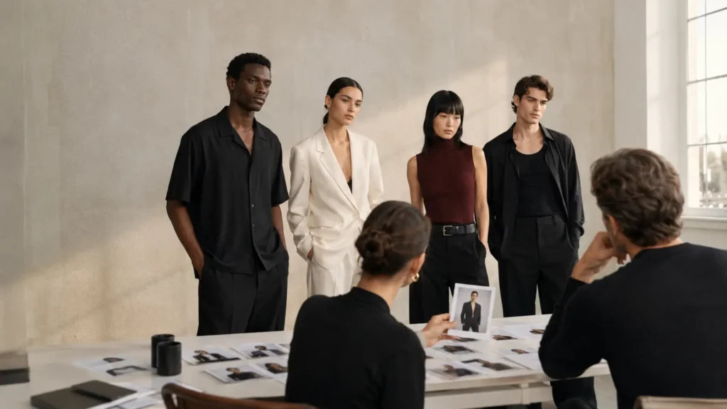 Fashion Campaign Casting: How to Choose the Right Models - Phil Halfmann Fashion campaign casting session with four models and a creative team reviewing model selections