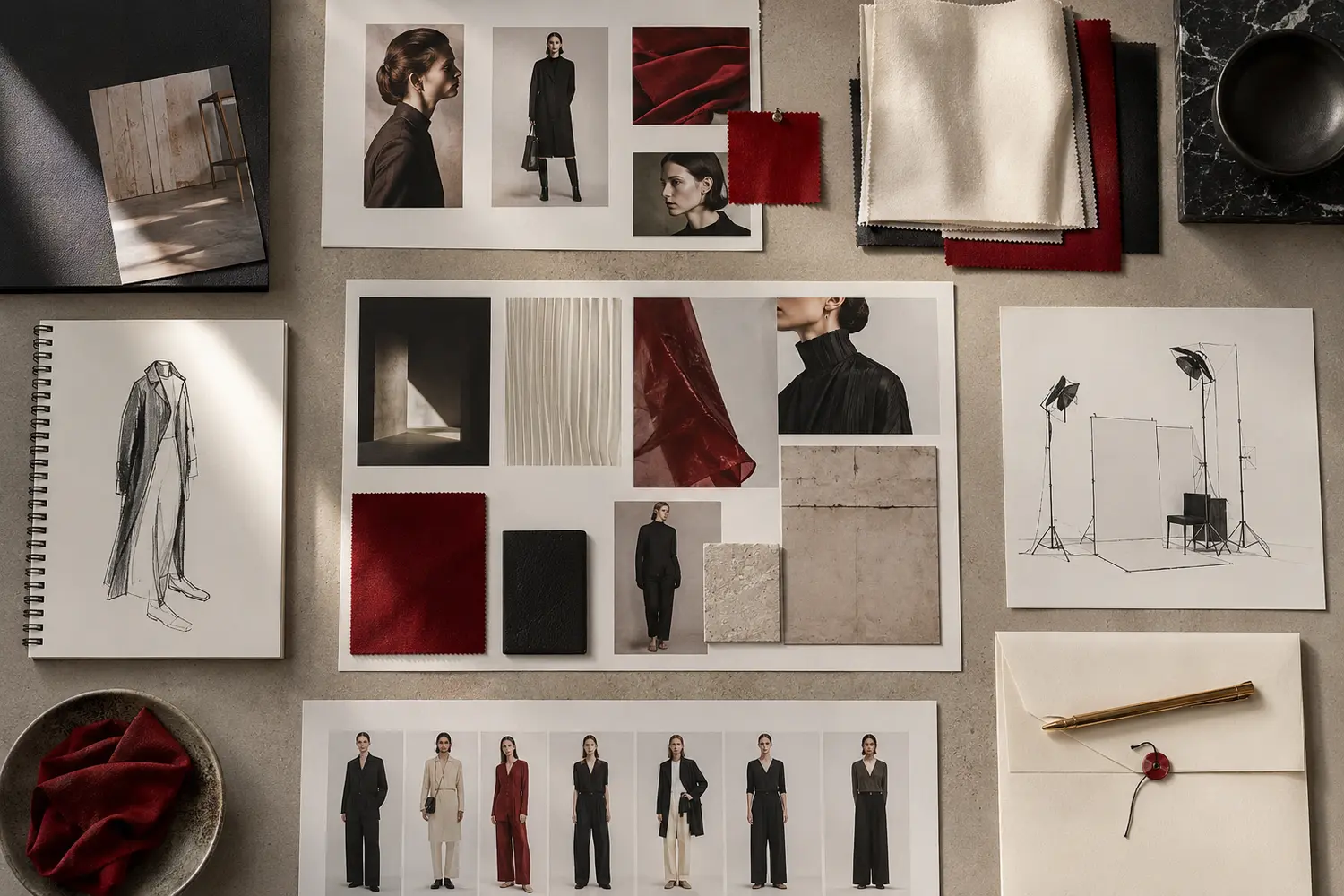 Moodboards, fabric swatches and lighting references arranged for fashion campaign concept approval
