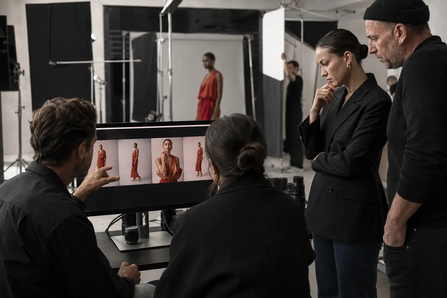 Photographer and brand team reviewing images during an on-set campaign approval checkpoint