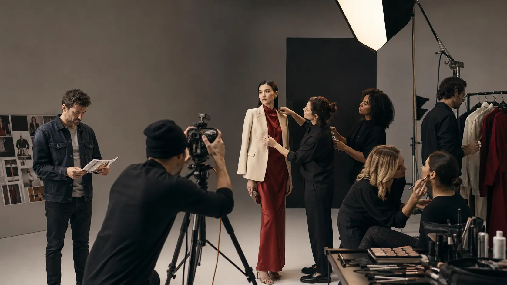 Fashion campaign production roles working together during an editorial studio shoot