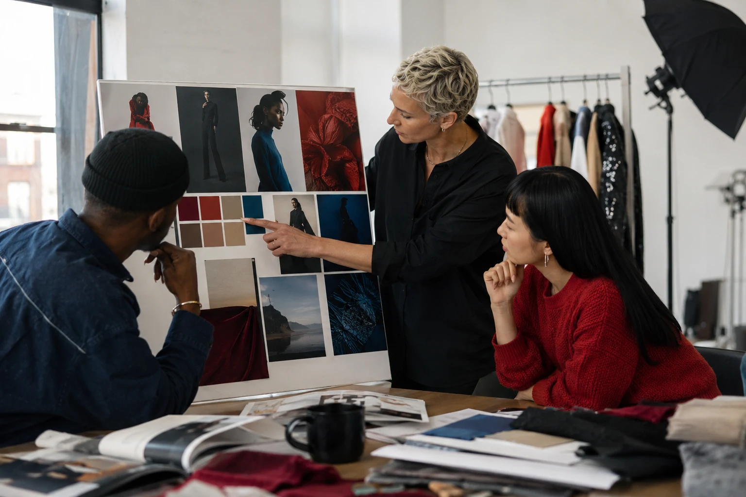 Fashion mood board guide shown as a campaign planning board with editorial references, fabric swatches and color samples