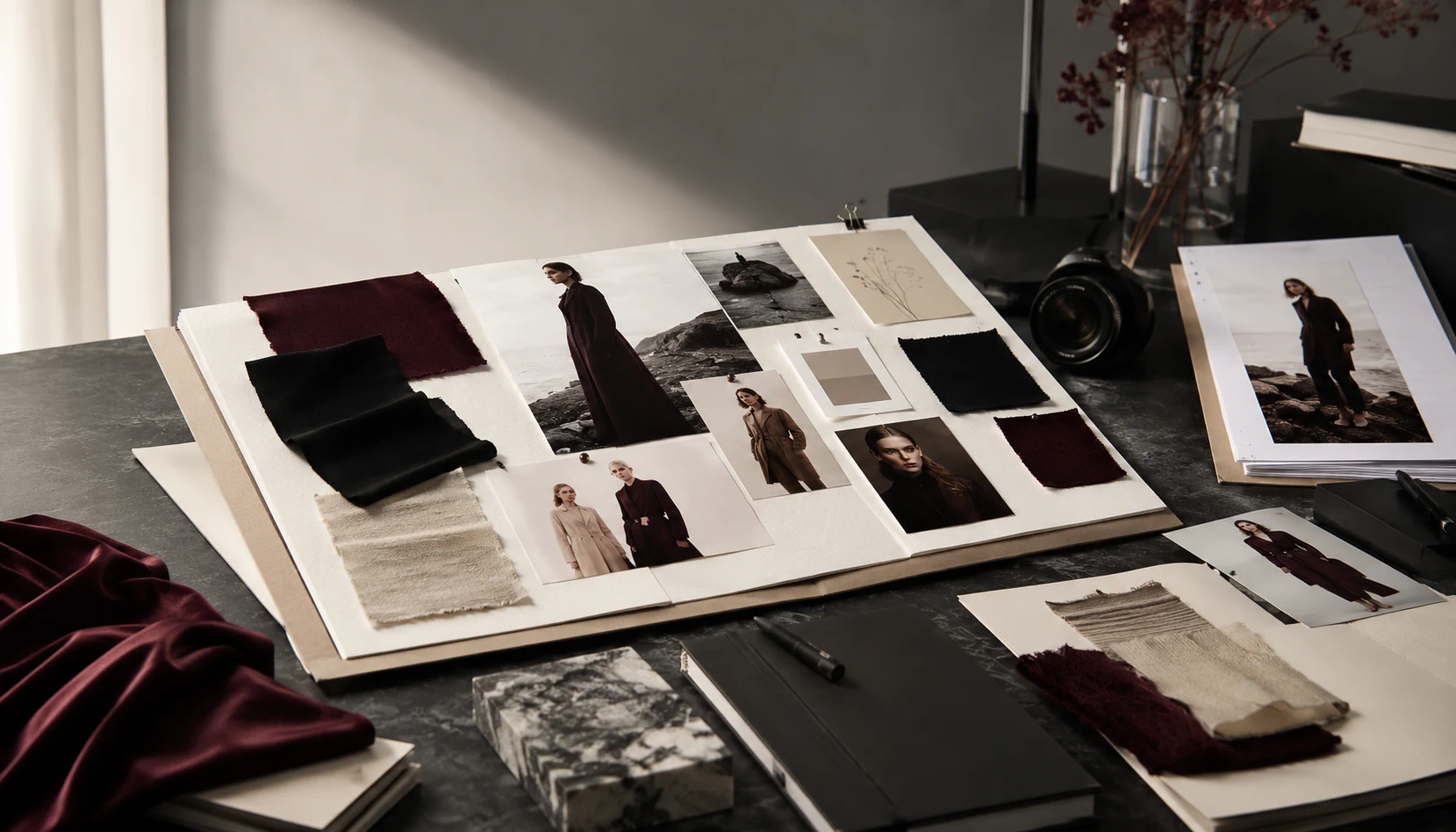 Fashion mood board guide layout with color palette, materials, casting, styling, location and crop references