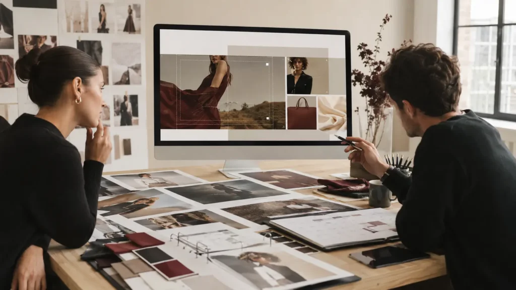 Homepage Banner Planning: How to Turn Your Most Valuable Website Space Into a Campaign Asset - Phil Halfmann Fashion brand creative team reviewing homepage banner planning, campaign imagery and wide website crop guides