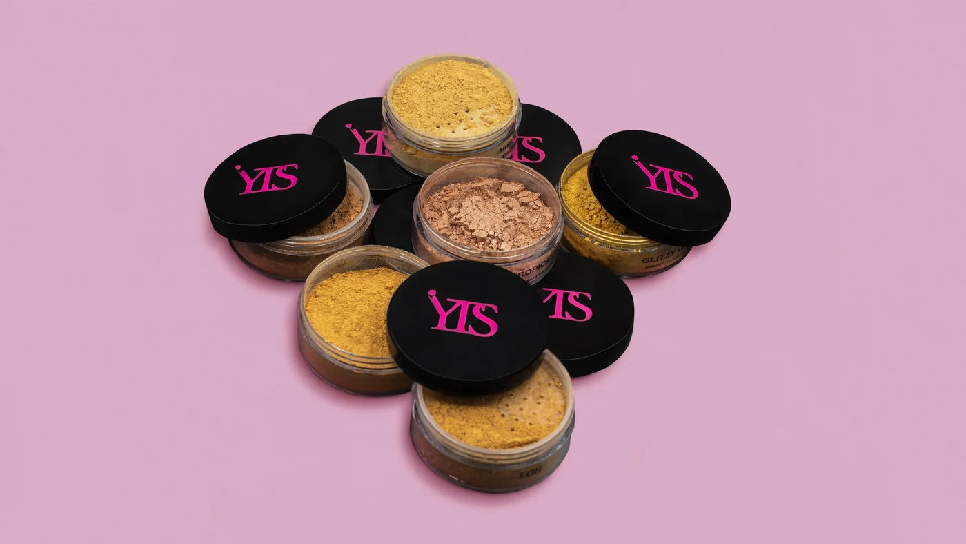 One Shoot, Three Channels, Zero Waste: A Multi-Channel Beauty Product Photography Case Study - Phil Halfmann Your True Shade loose mineral powders arranged on a pink background