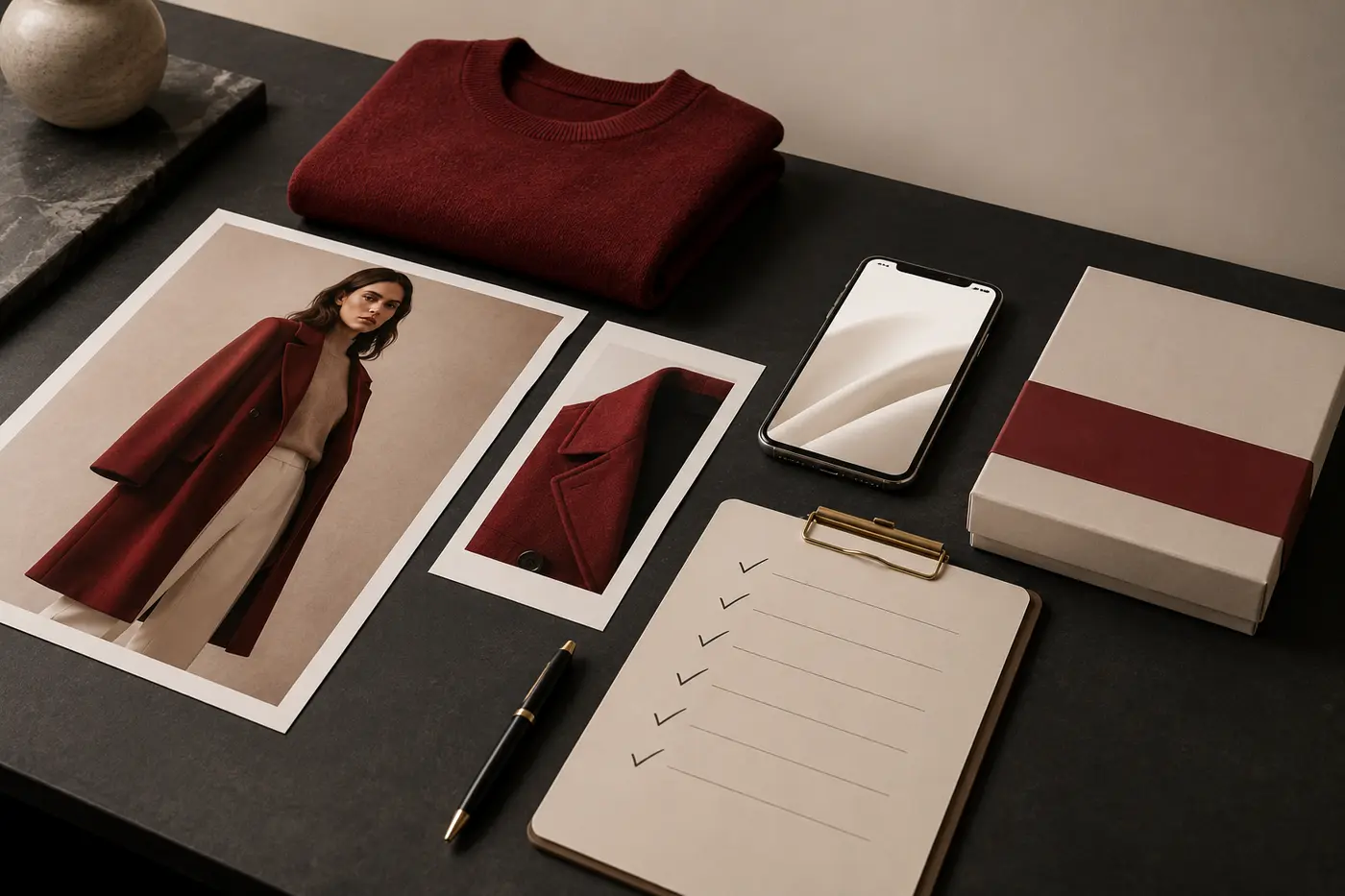 Pre-launch content checklist with fashion campaign image, garment, mobile asset and packaging