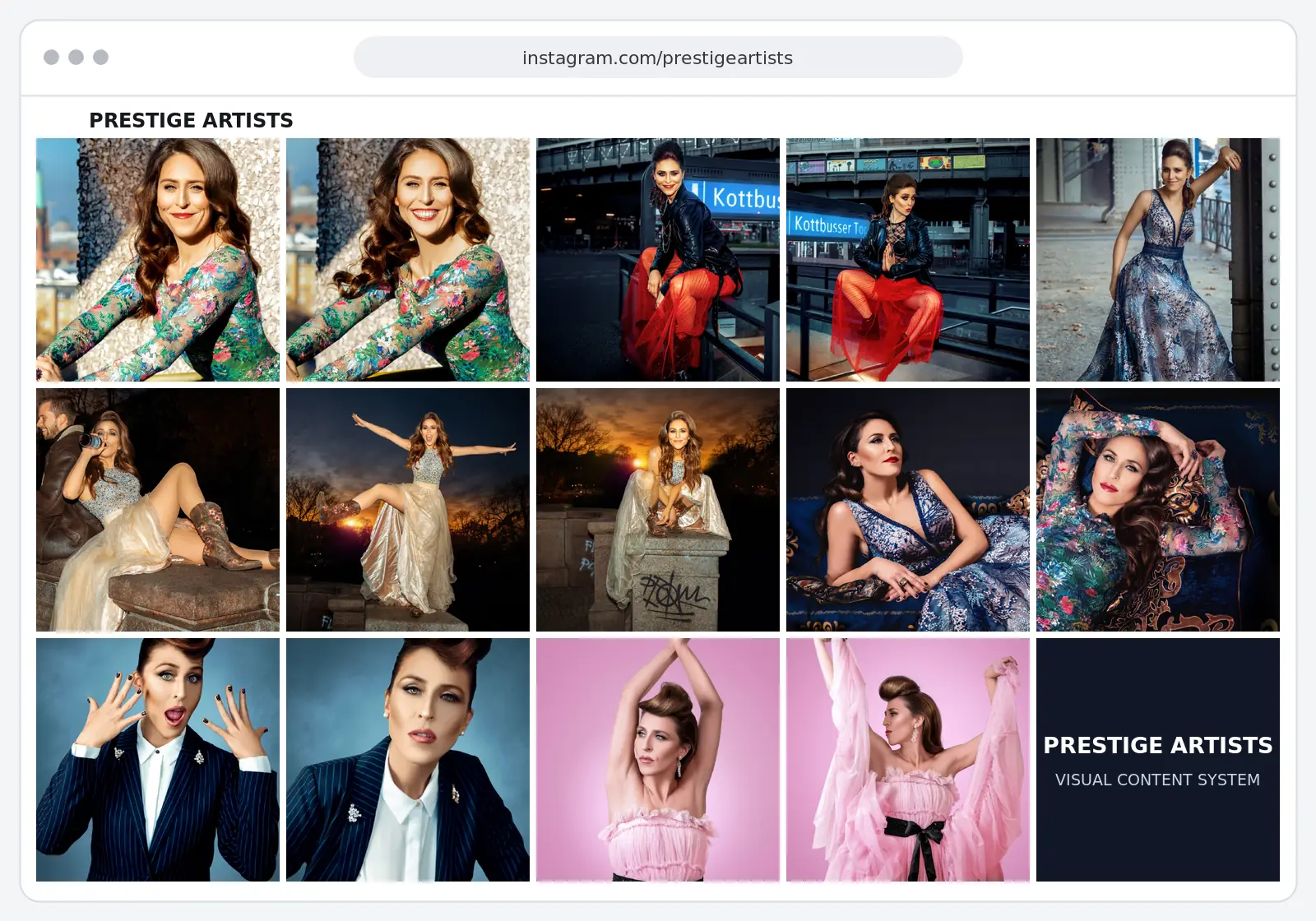Prestige Artists content system strategy showing 14 portfolio photographs across an Instagram-style content grid