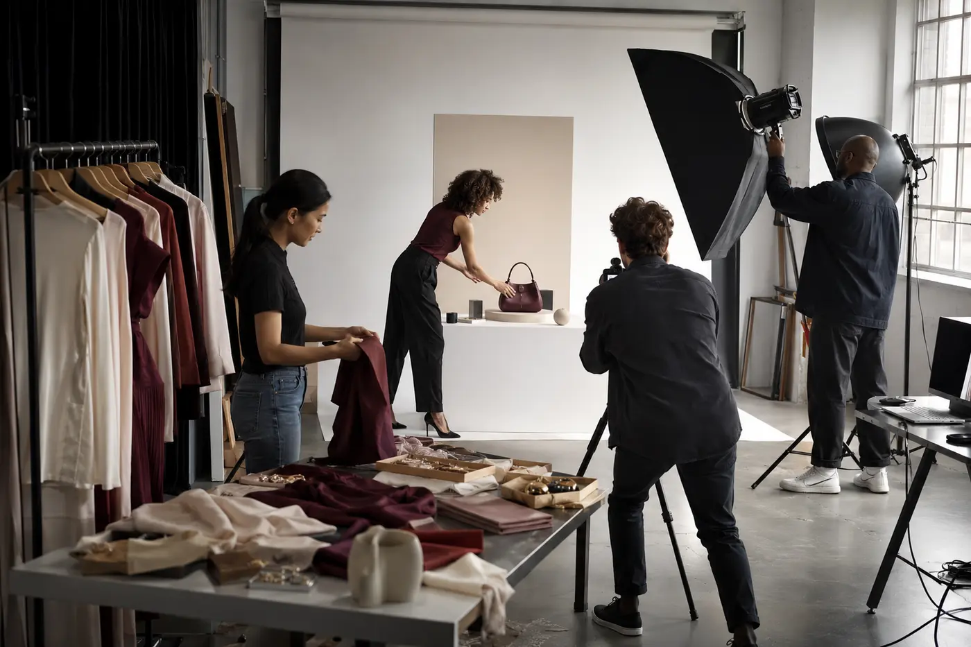 Creative team producing fashion campaign assets for a product launch campaign timeline