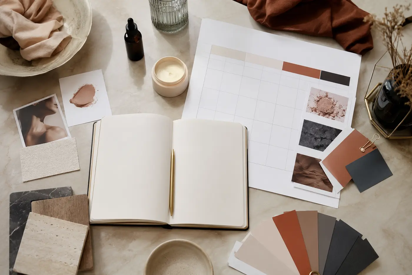 Product launch campaign timeline strategy phase with planning notebook, calendar, product sample, and material swatches