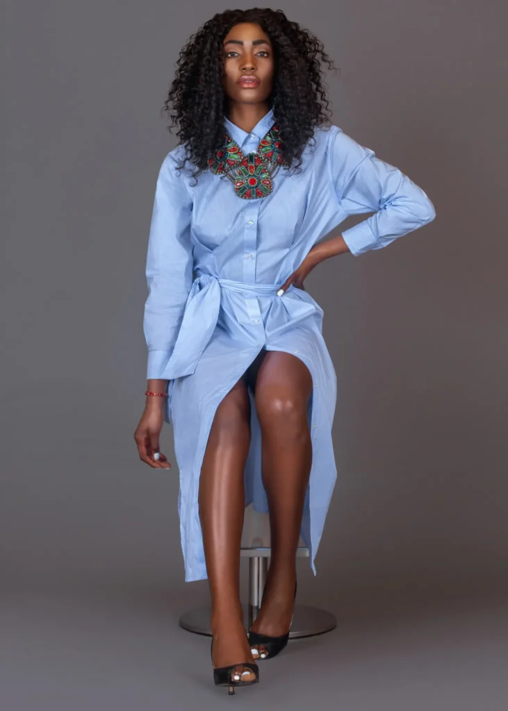 Ruth Bambi in a blue MADS NORGAARD shirt dress for the Spring Is in the Air fashion editorial