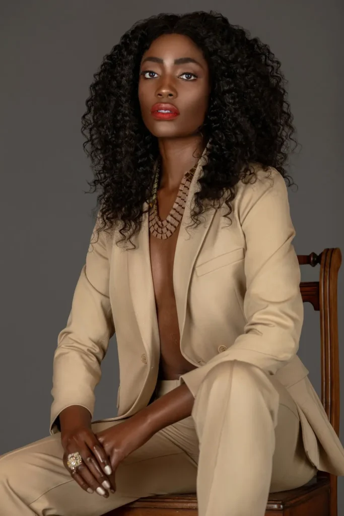 Ruth Bambi in a neutral MADS NORGAARD suit for the Spring Is in the Air fashion editorial
