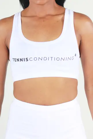 Front view of the white StyleConditioning women’s Conditioning sports bra
