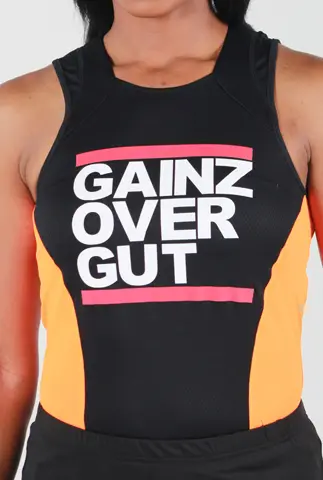 Front view of the black and orange StyleConditioning women’s Gainz tank top