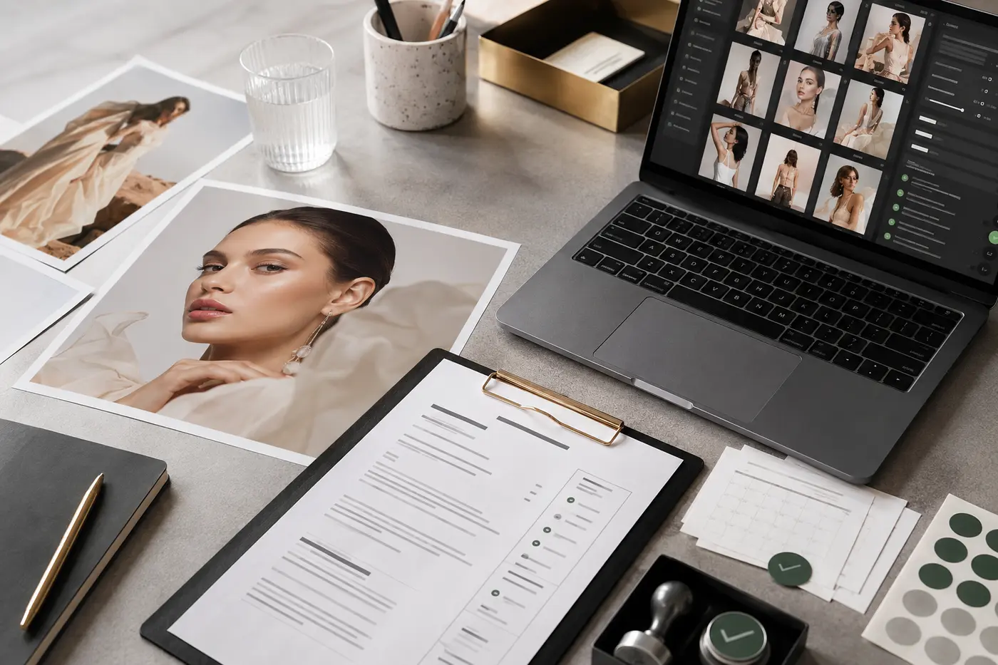 Visual Content Library Management: The Complete Guide for Fashion And Beauty Brands - Phil Halfmann Visual content library management desk showing beauty campaign assets, licensing metadata, approvals and usage-date controls