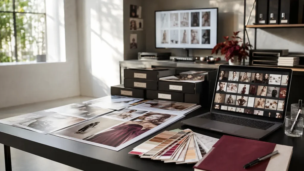 Visual Content Library Management: The Complete Guide for Fashion And Beauty Brands - Phil Halfmann Visual content library management workspace with fashion and beauty campaign photographs, archival boxes and a searchable digital asset grid