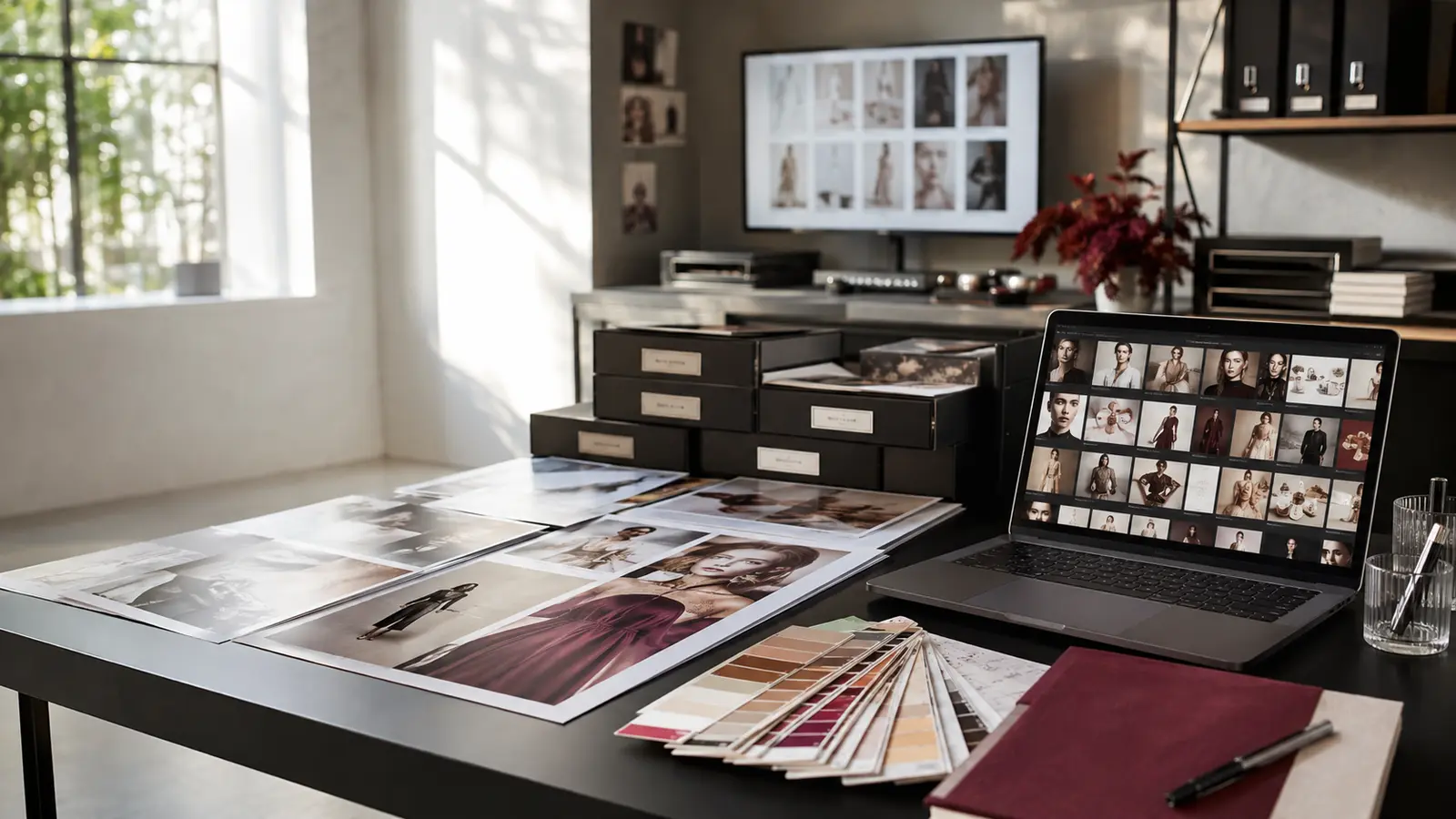 Visual content library management workspace with fashion and beauty campaign photographs, archival boxes and a searchable digital asset grid