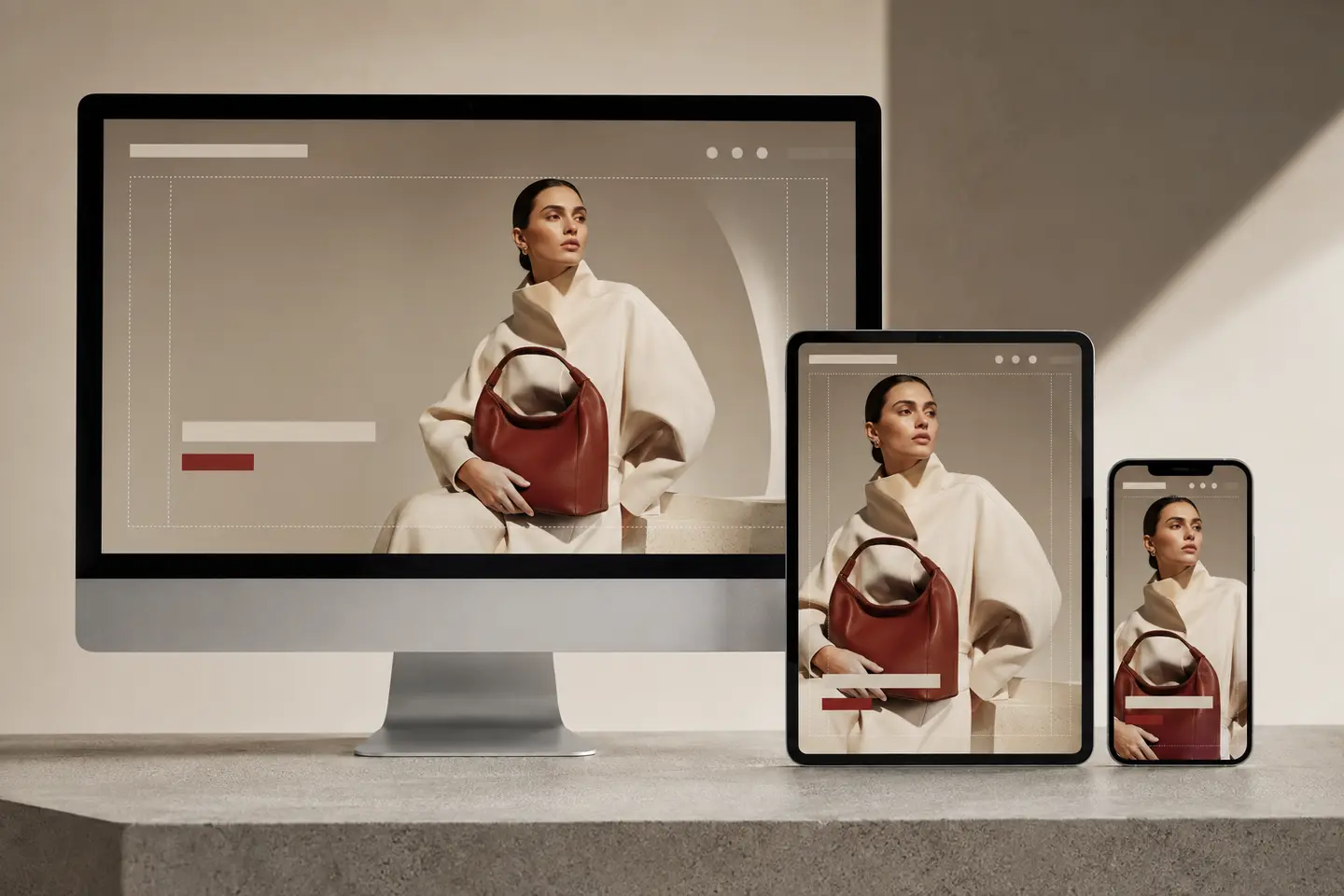 Website hero image strategy showing responsive fashion campaign crops across desktop, tablet and mobile