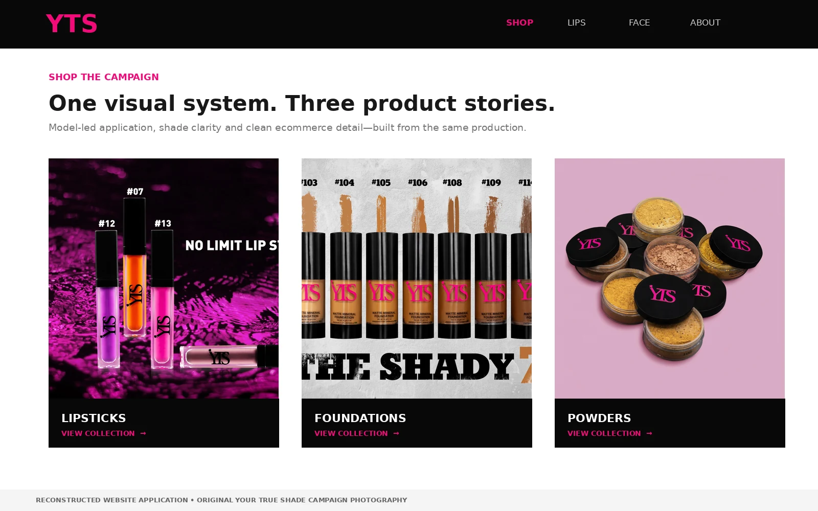 One Shoot, Three Channels, Zero Waste: A Multi-Channel Beauty Product Photography Case Study - Phil Halfmann Reconstructed cosmetics category page showing lipstick, foundation and powder campaign images