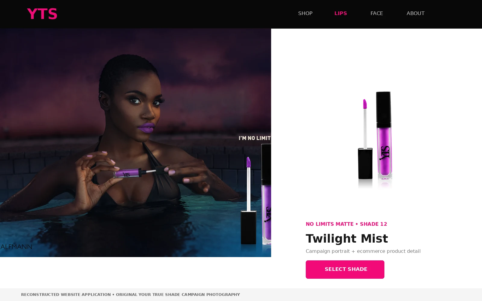 Reconstructed lipstick product page combining a purple shade portrait with e-commerce product photography