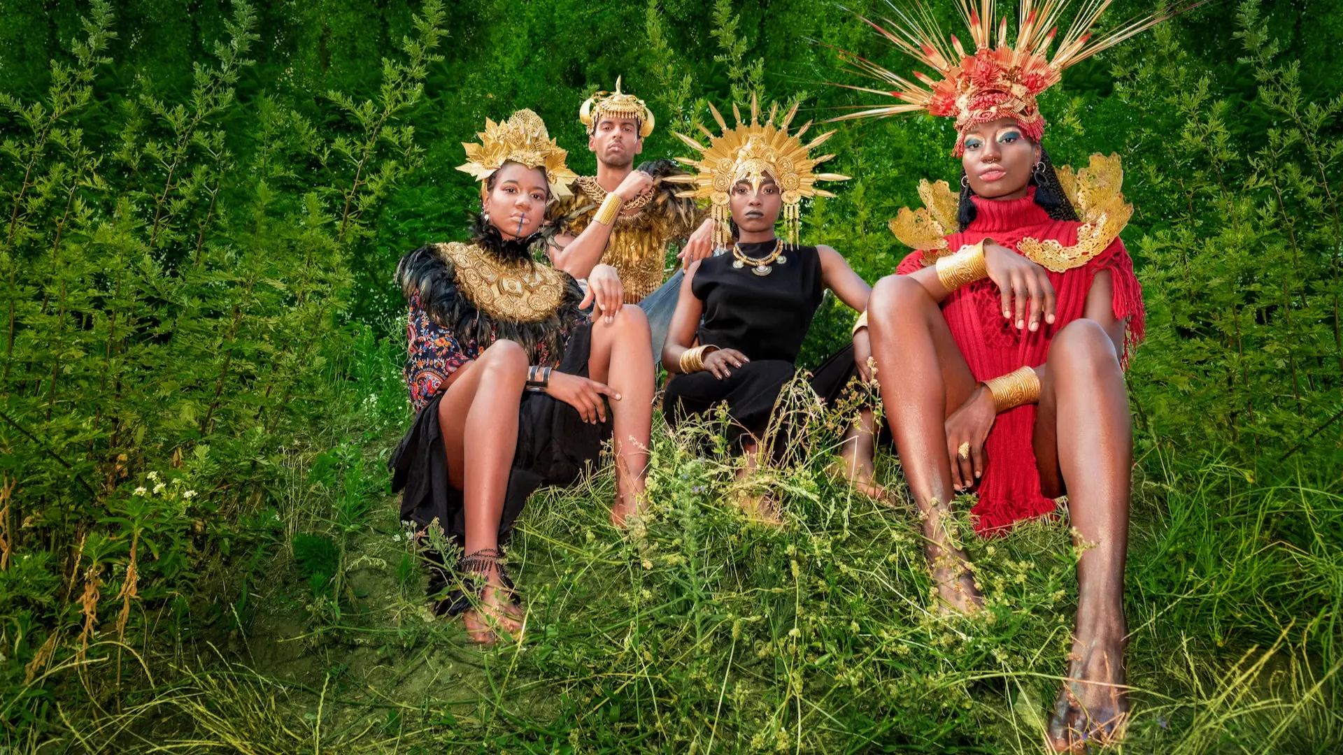 Sculptural Headpieces in Berlin: Building a Cohesive Fashion Editorial Across Six Models - Phil Halfmann Fashion editorial cast posed in greenery with coordinated sculptural headpieces