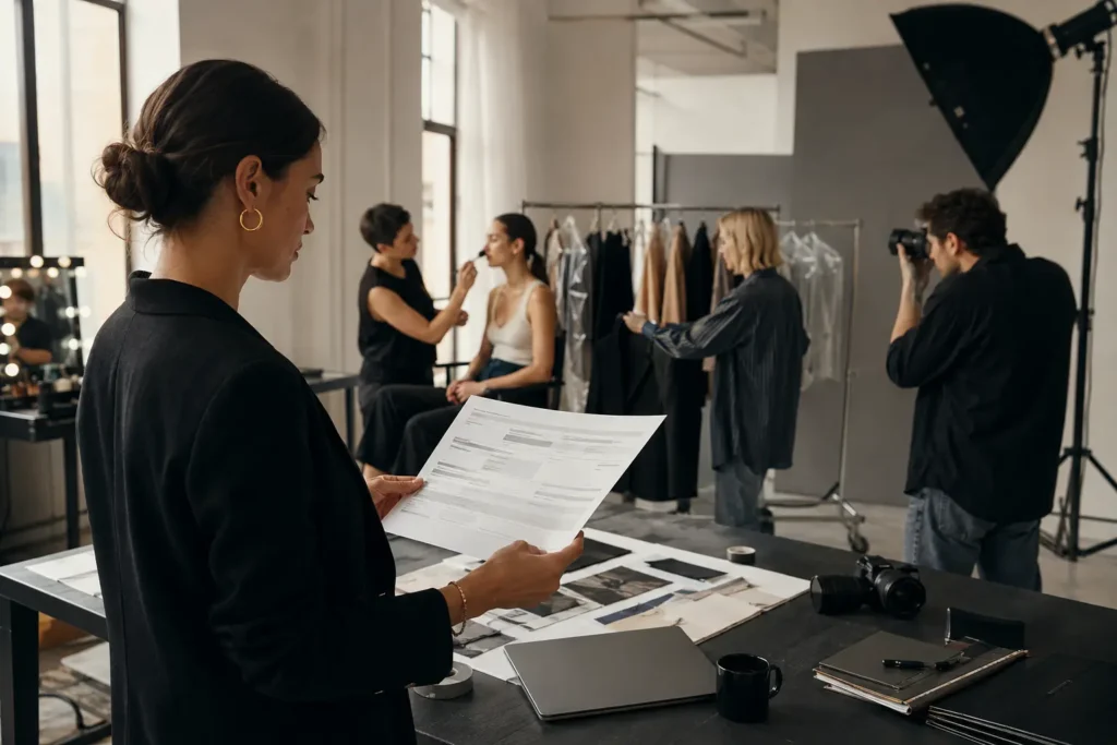 Producer reviewing a fashion campaign call sheet while the creative team prepares in a daylight studio