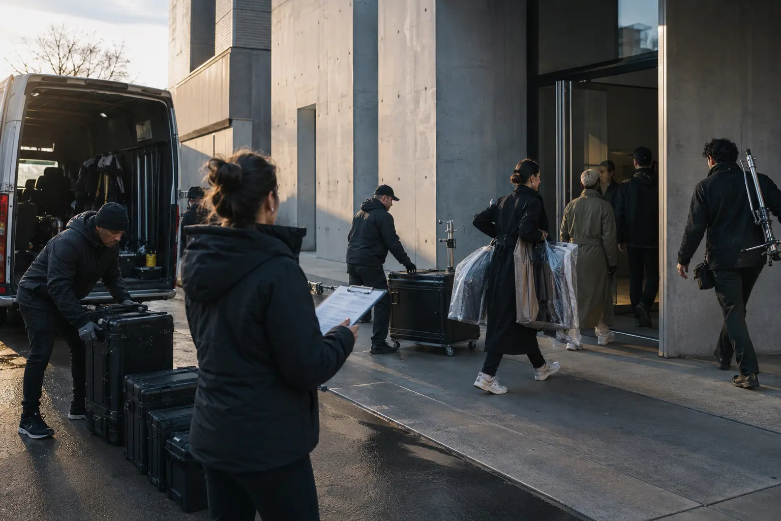 Fashion Campaign Call Sheet: What Brands and Creative Teams Need - Phil Halfmann Fashion campaign crew arriving at a location while the producer checks the call sheet and coordinates access