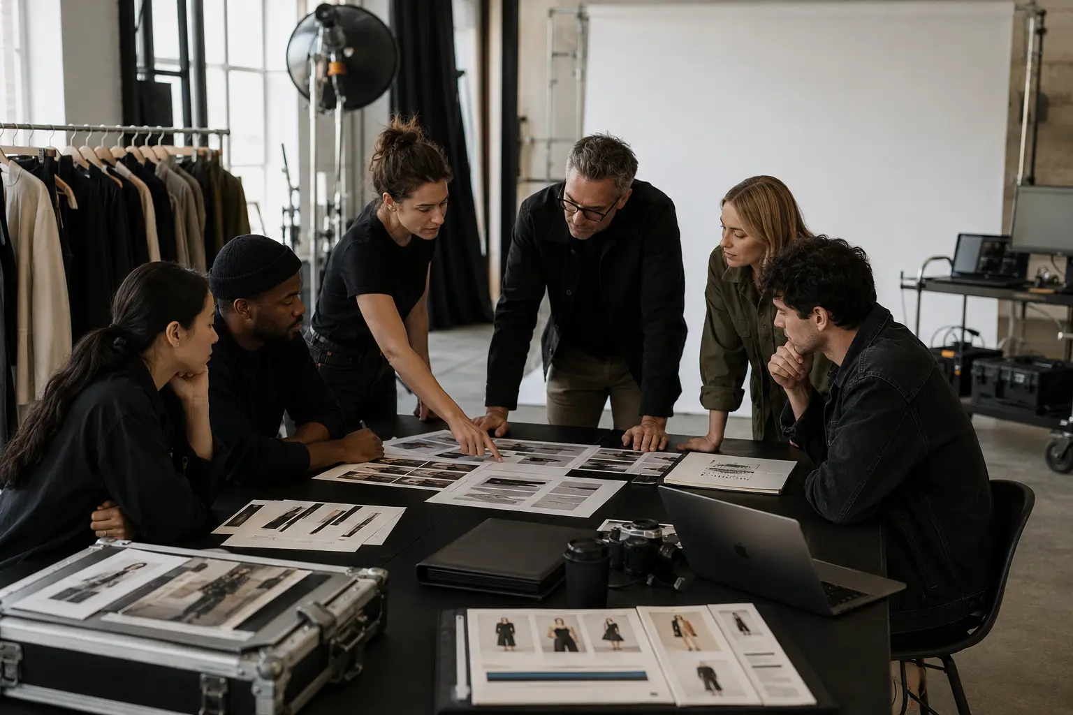 Fashion Campaign Call Sheet: What Brands and Creative Teams Need - Phil Halfmann Fashion campaign creative team reviewing the call sheet and visual references during a pre-call studio briefing