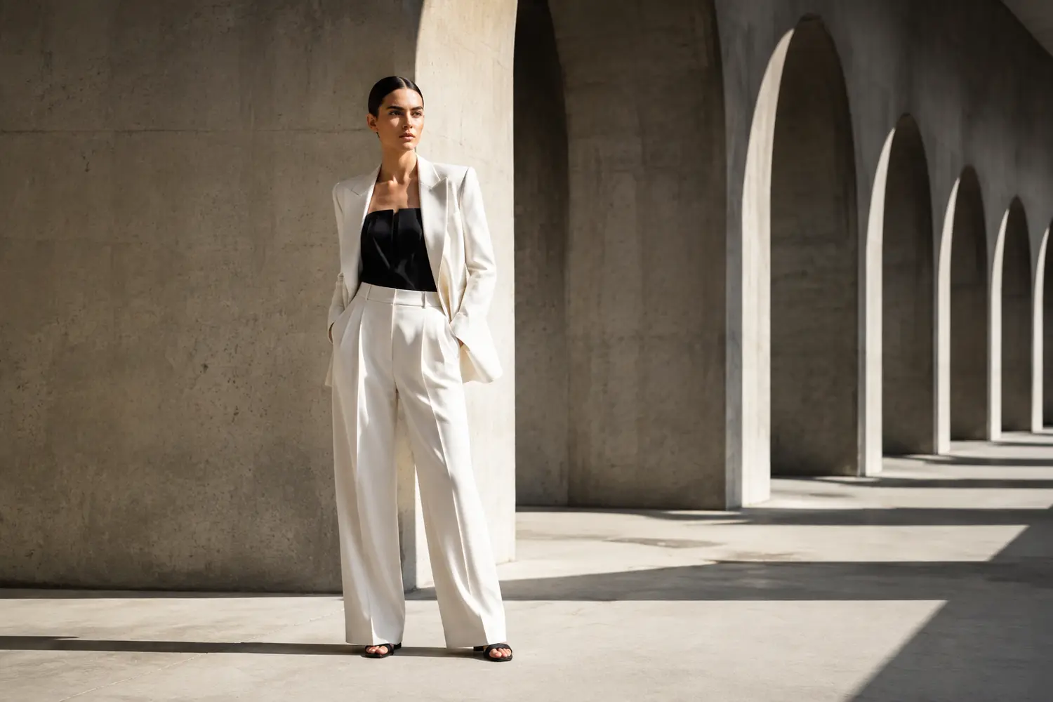 Fashion campaign location scouting example showing a tailored model framed by concrete arches