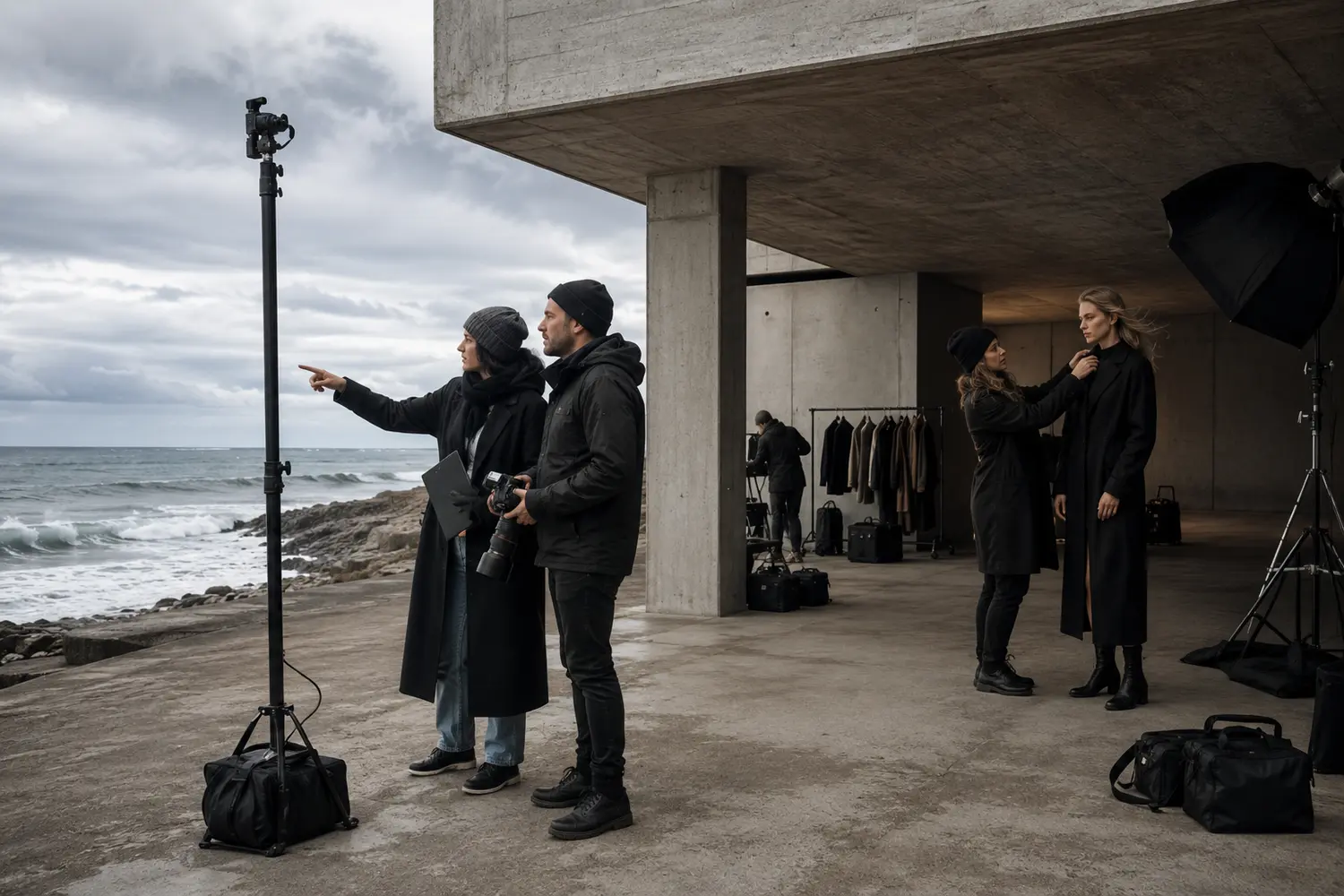 Fashion campaign location scouting for weather and a covered backup area at a coastal setting