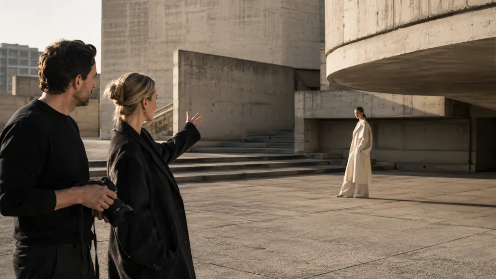 Fashion campaign location scouting at a modern concrete setting with a creative team and model