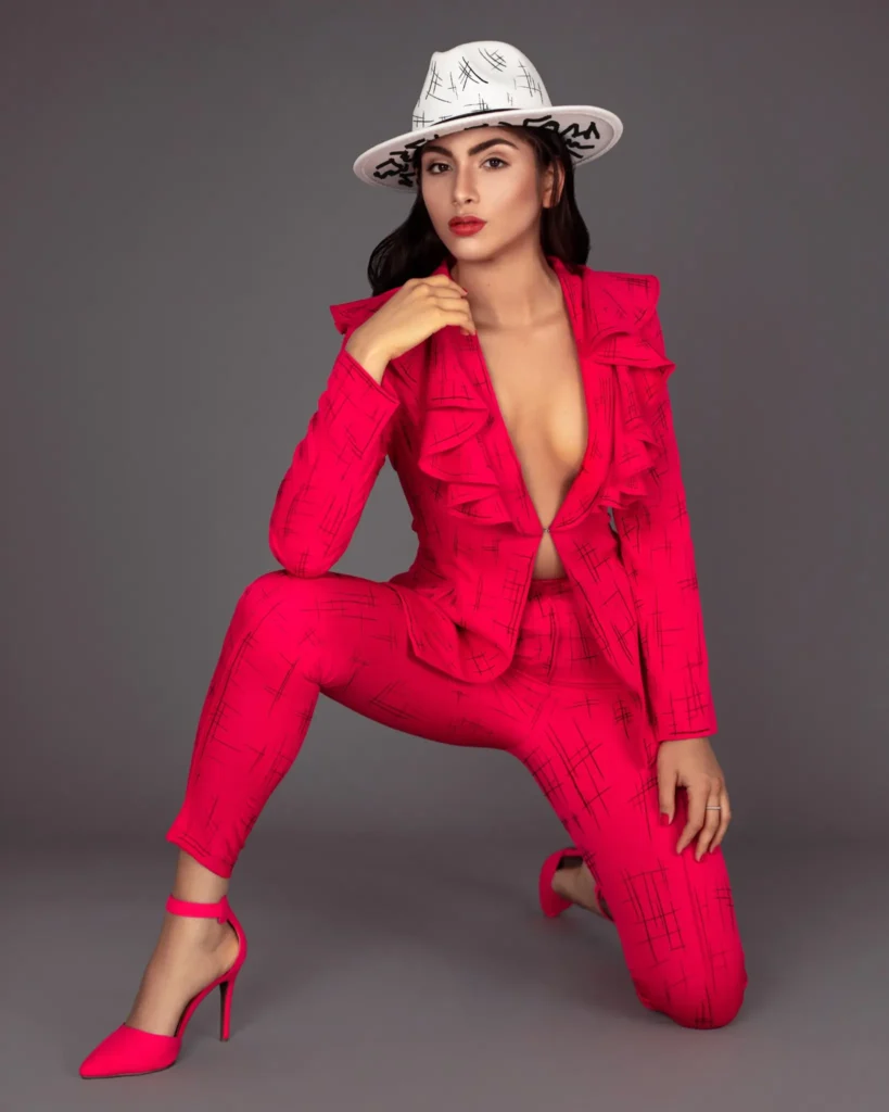 Vertical campaign variation preserving the same red-suit art direction and styling