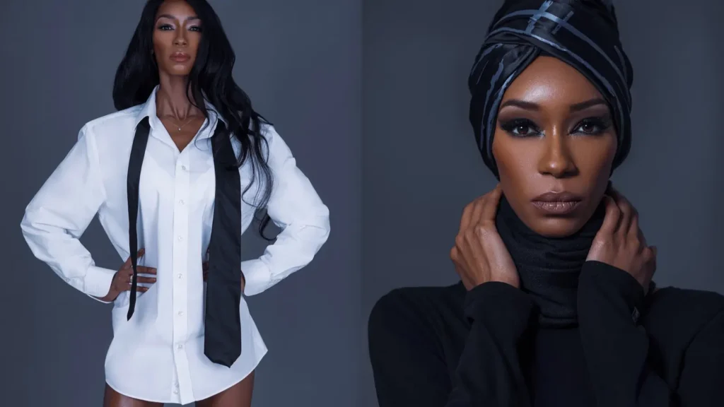 Diptych of Jovona Logan in a white shirt and black headwrap from the Simple Comforts studio fashion editorial.