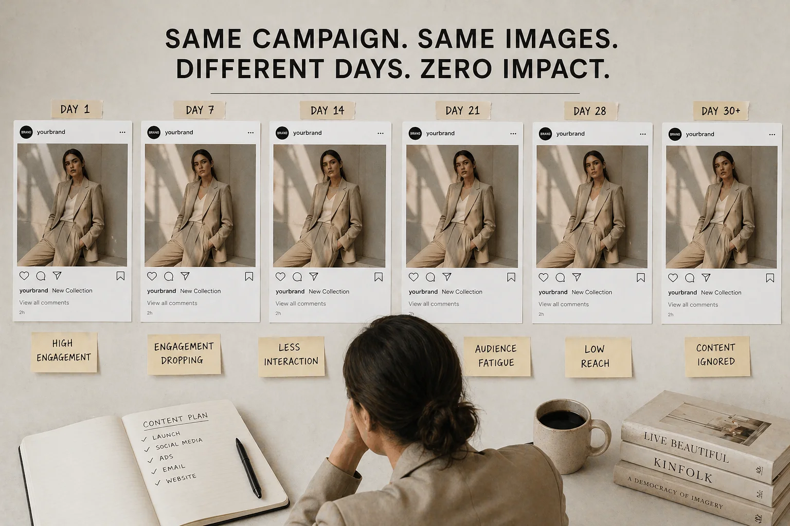 Why Your Campaign Photos Stop Working After 30 Days (And What Brands Realize Too Late) - Phil Halfmann Why your campaign photos stop working after 30 days shown through repetitive fashion brand visuals