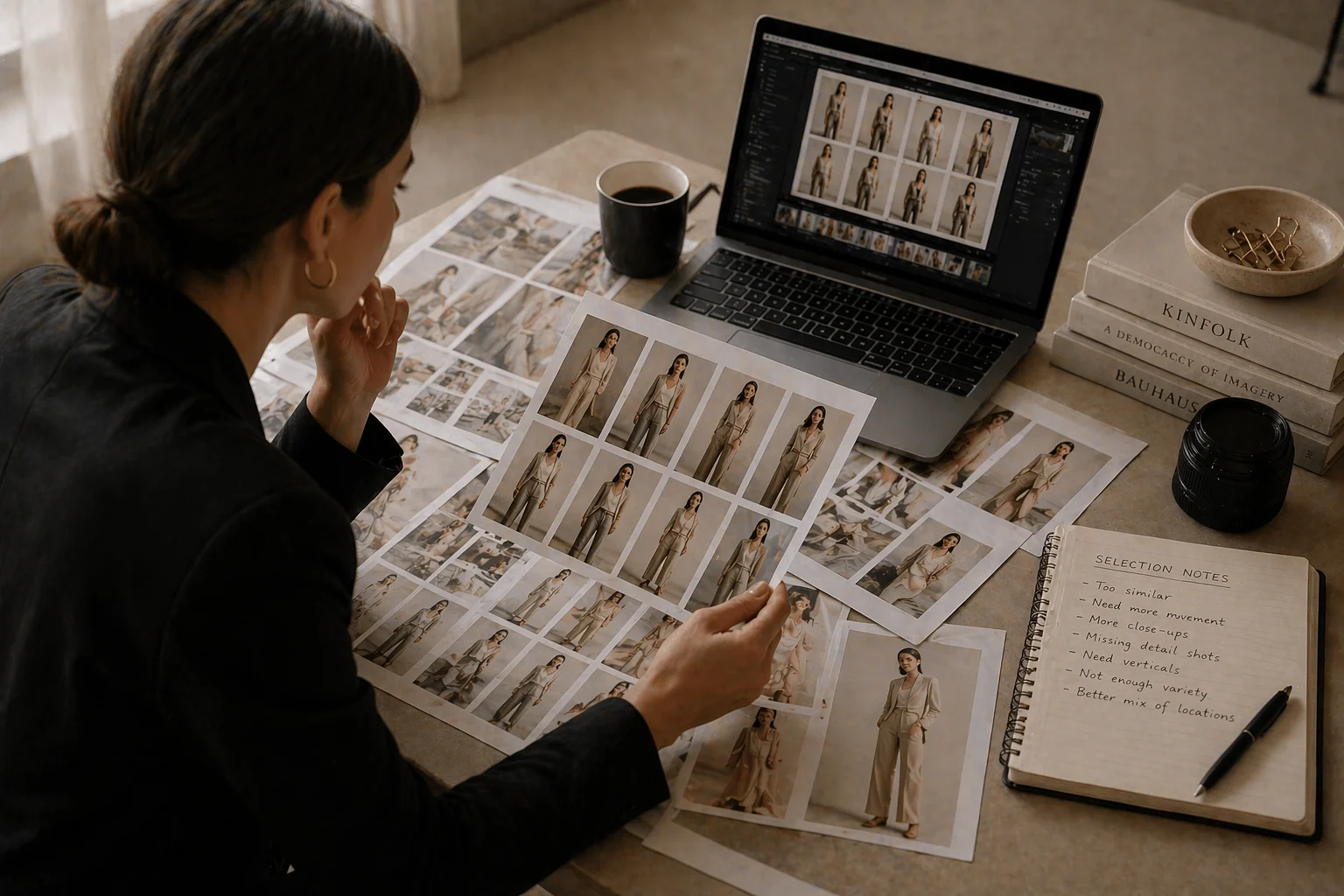 What happens after a photoshoot shown through difficulty selecting fashion brand visuals