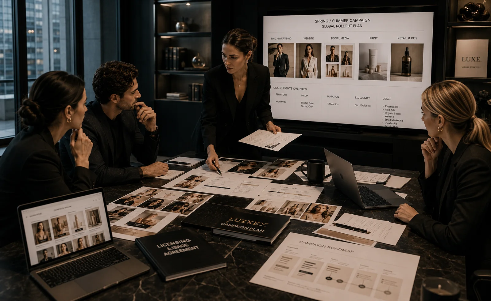 Marketing manager reviewing commercial usage rights for photography and commercial image licensing agreements before campaign launch