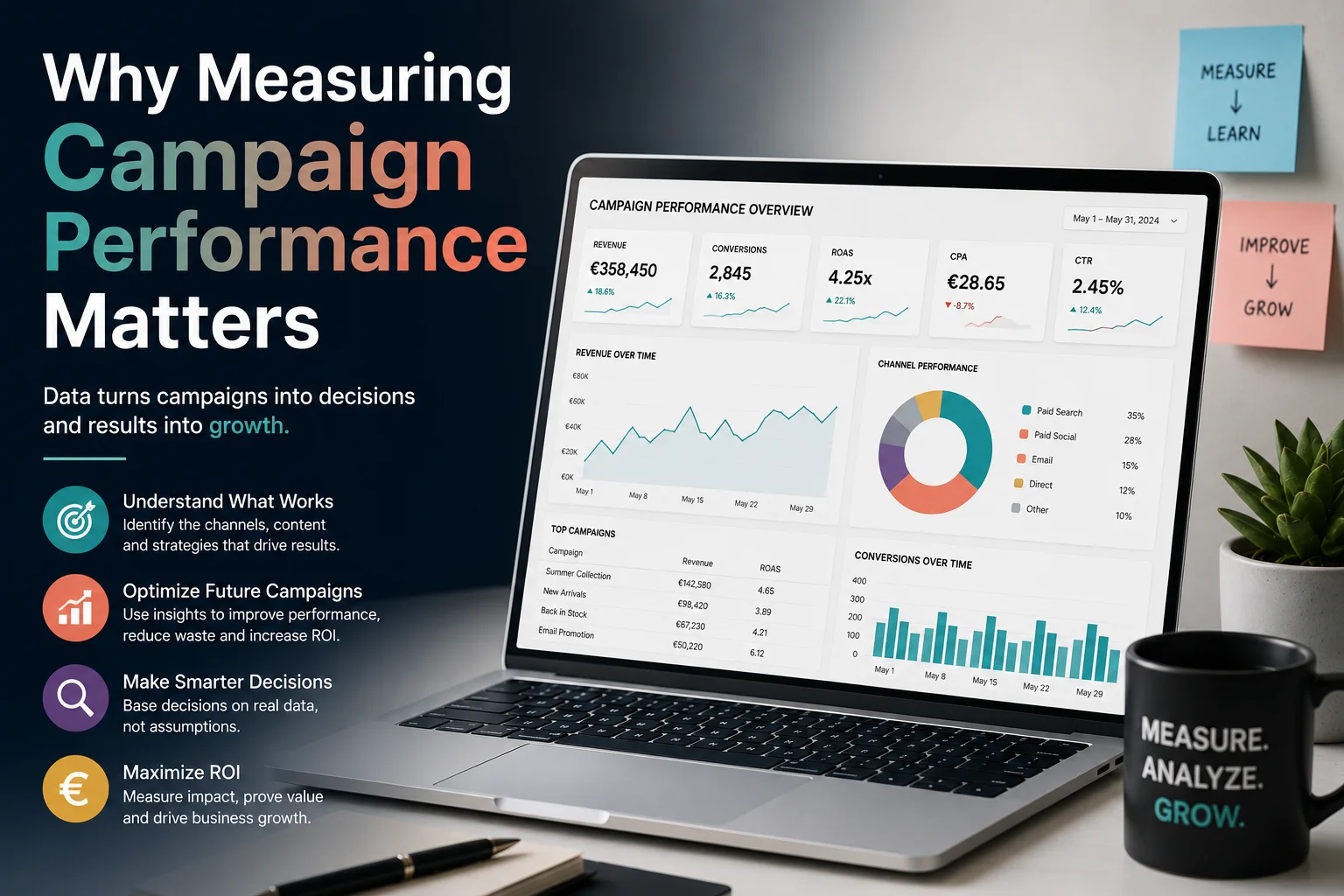 How To Measure Campaign Performance And Optimize Future Campaigns - Phil Halfmann Illustration showing the benefits of measuring campaign performance with a campaign performance dashboard that analyzes marketing campaign data, business KPIs, ROI, and campaign performance metrics to improve future marketing decisions.