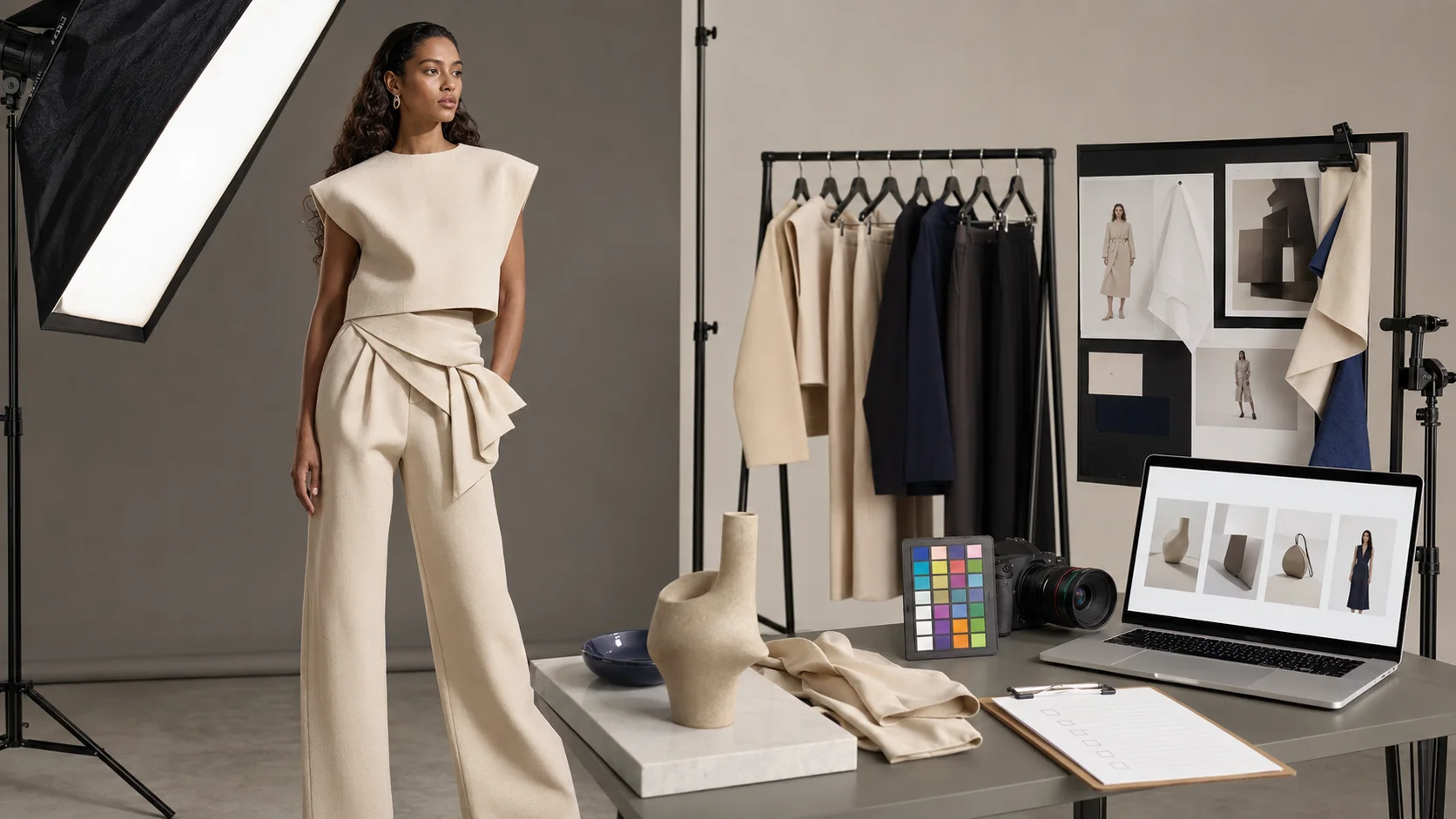Ecommerce photography checklist represented by a premium fashion studio production with a model, product setup and organized creative tools.