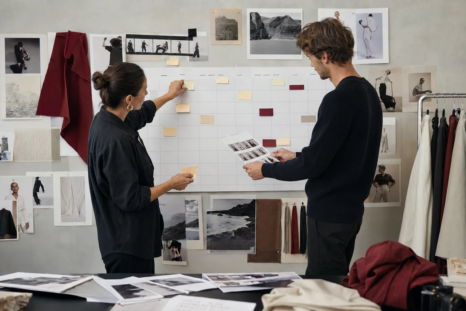 Fashion campaign planning team organizing a pre-production schedule, casting references and wardrobe