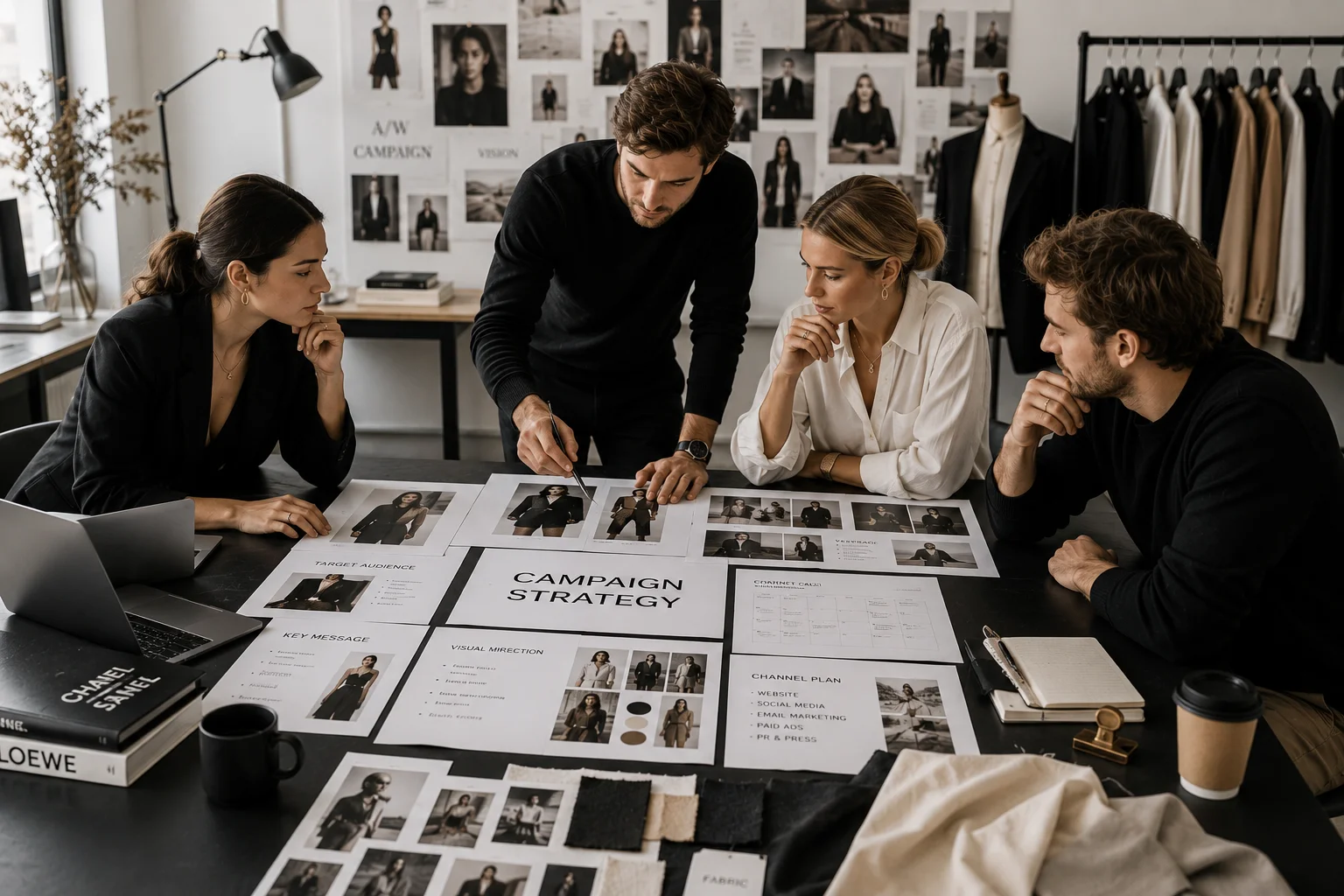 Fashion marketing campaign planning session before creative production begins.