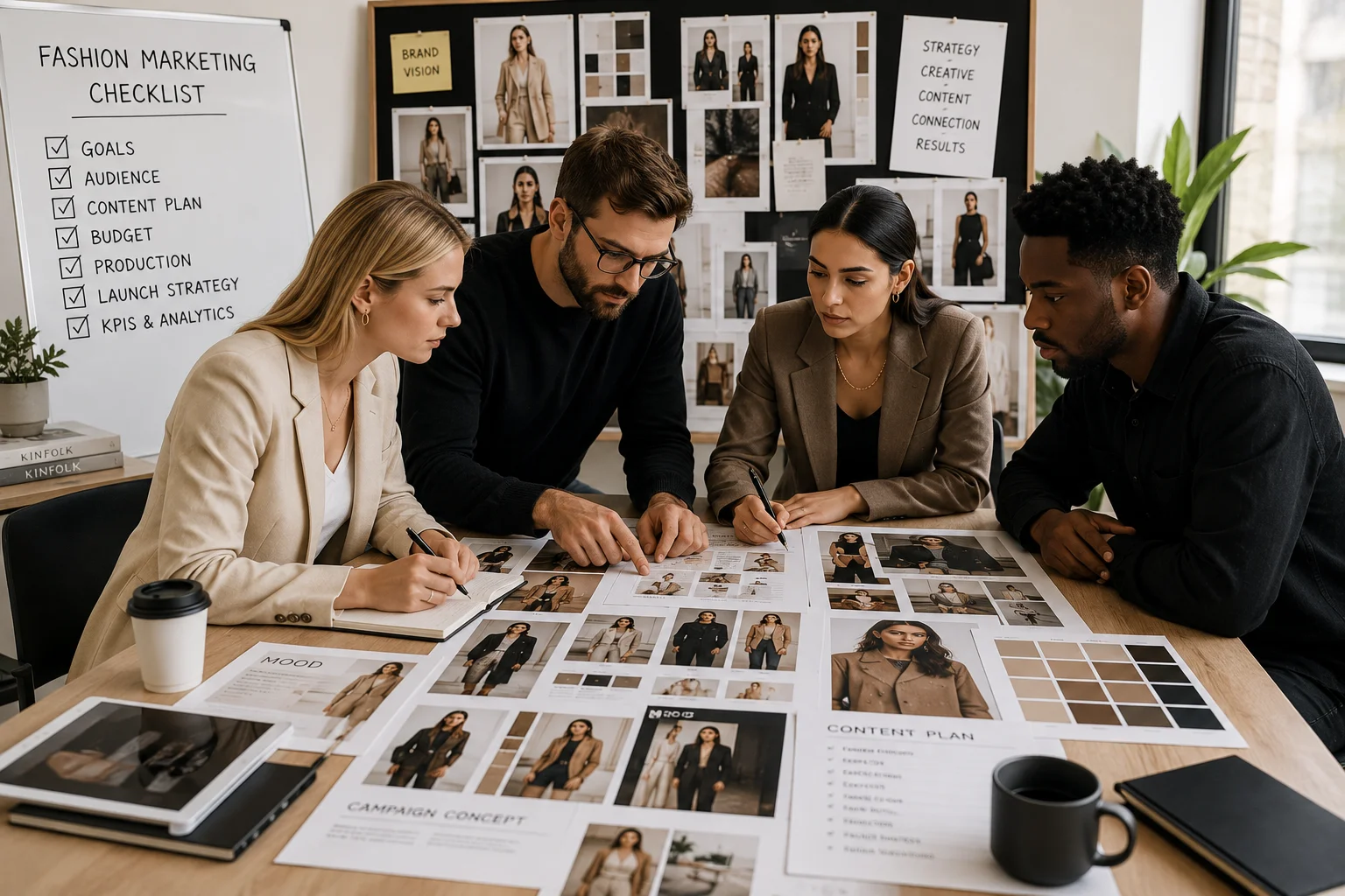 Marketing team planning a fashion campaign using a comprehensive Fashion Marketing Checklist with mood boards, campaign strategy, and creative direction.