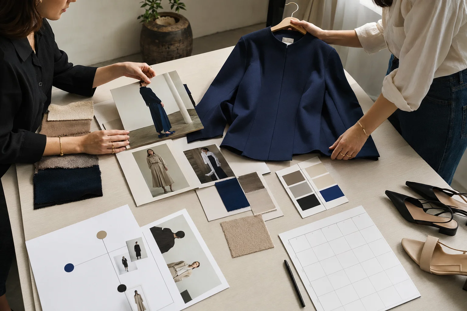 Fashion Product Launch Strategy audience and positioning workshop with garment, visual references, color swatches and launch calendar