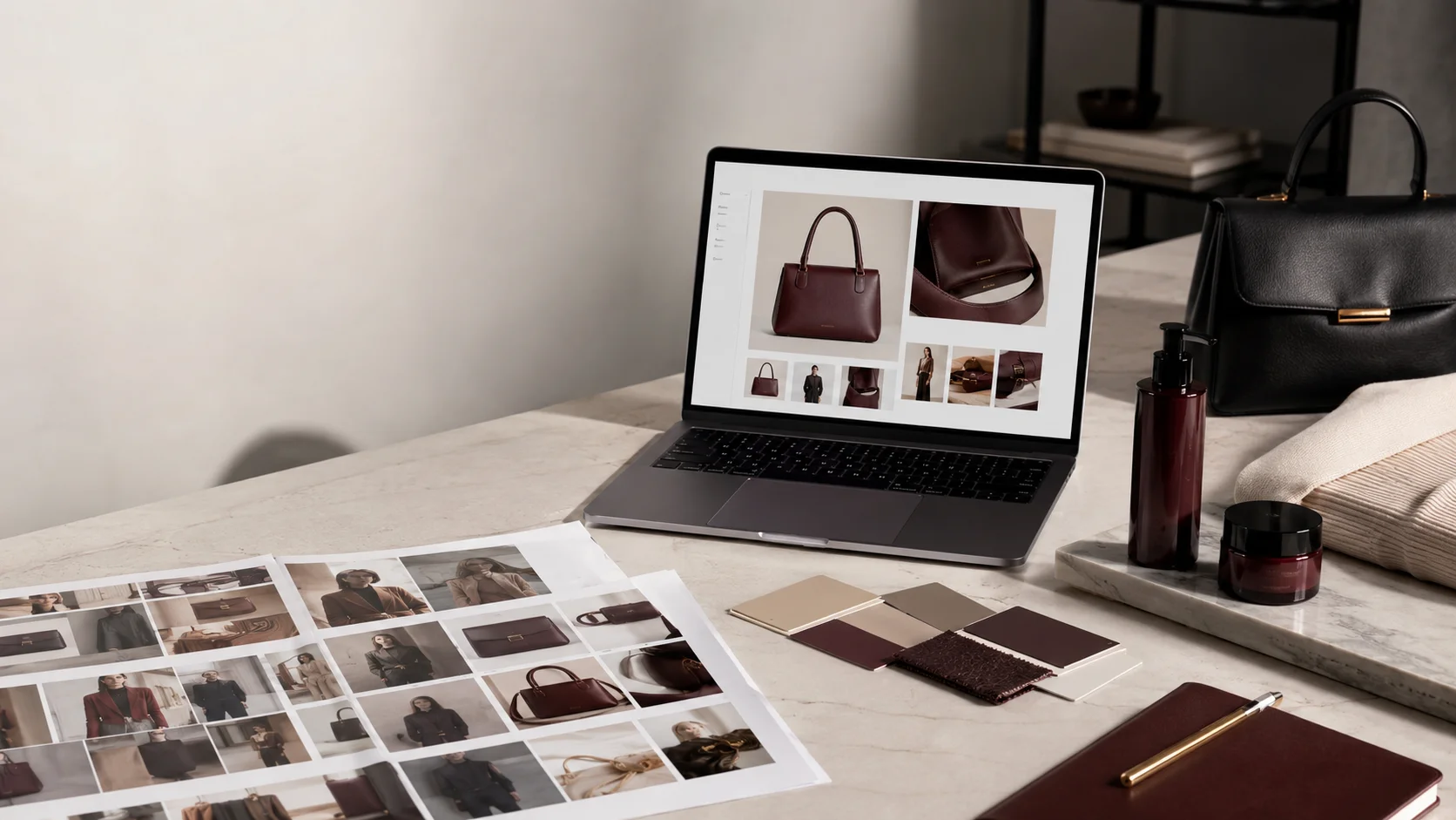 Product page image guide planning scene with an ecommerce gallery, fashion products and contact sheets
